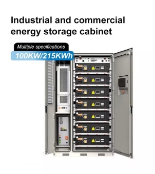 An all-in-one 100kW/215kWh industrial and commercial energy storage cabinet with open doors, showcasing internal lithium battery modules and a control system designed for peak shaving and factory backup power.