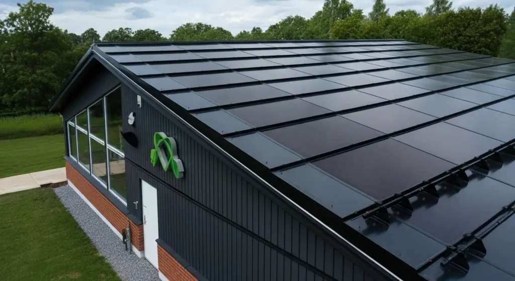 modern building with rooftop solar panels for sustainable energy generation