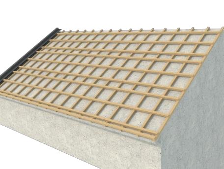 pitched roof structure with wooden battens installed over concrete base for roofing support