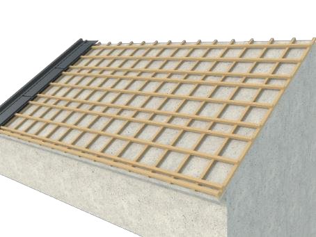 pitched roof with wooden batten grid installed over concrete base for roofing support