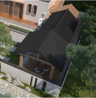 All-weather solar roof for modern residential homes with pitched roofs This modern residential building features a solar roof that is adaptable to all weather conditions and uses flat-laid solar tiles.