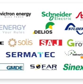 The file Wide Inverter Compatibility.jpg is a jigsaw puzzle showcasing the logos of compatible inverter brands. On a white background, the logos of several well-known new energy and power brands are neatly arranged, including Victron Energy, Schneider Electric, Studer, Solis, SAJ, Growatt, SERMATEC, Voltronic Power, GMDE, Sofar Solar, and Sinexcel, demonstrating the battery system's broad inverter compatibility.