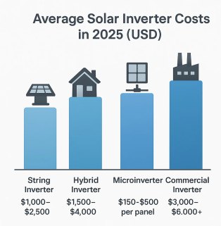 A bar chart illustrating average solar inverter costs in 2025 (USD), comparing string inverters ($1,000&ndash;$2,500), hybrid inverters ($1,500&ndash;$4,000), microinverters ($150&ndash;$500 per panel), and commercial inverters ($3,000&ndash;$6,000+).