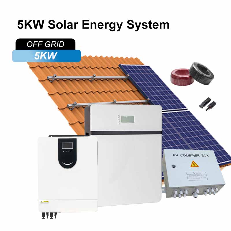 5kW off grid solar energy system kits including solar panels, inverter, battery, and PV combiner box on a tiled roof