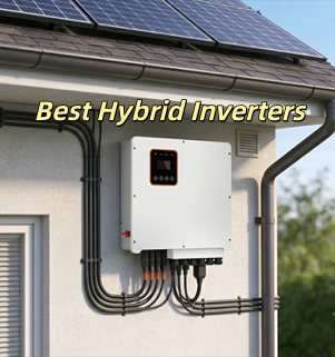Best Hybrid Inverters for Residential Solar Energy Systems Best hybrid inverters text overlaid on an outdoor image of a white wall-mounted hybrid solar inverter with neatly arranged conduits under a residential tiled roof with solar panels