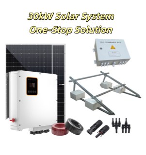 30kW Solar System One-Stop Solution for Commercial and Residential Use 30kW solar system one-stop solution text overlaid on an image showcasing a high-efficiency solar inverter, black solar panels, PV combiner box, aluminum mounting rails with ballast concrete bases, and MC4 connectors