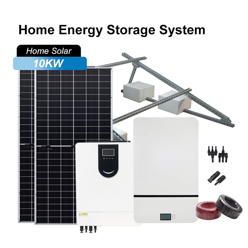 Main image of a 10KW complete home solar energy storage system, including photovoltaic panels, inverter, energy storage battery, bracket and accessories cables.