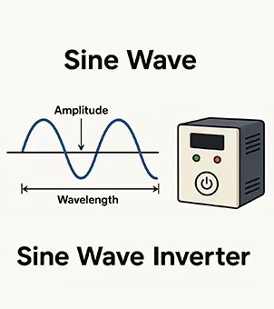 An illustration showing a pure sine wave (with amplitude and wavelength annotations) and a miniature sine wave inverter main unit