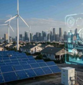 Conceptual diagram of intelligent hybrid energy management. The foreground shows blue solar photovoltaic panels installed on the roof, with a white industrial energy storage cabinet standing to its lower right; the midground shows a modern residential community surrounded by several towering white wind turbines; the background is a city skyline of skyscrapers under a clear sky. A futuristic, semi-transparent, cyan-blue digital monitoring dashboard and data chart UI is overlaid on the right side of the image, highlighting the intelligent communication and scheduling management of the wind-solar-storage hybrid energy system.