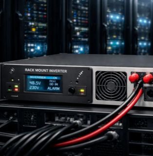A close-up of a rack-mounted inverter running on a server rack. The left side of the inverter features a black control panel with the words 