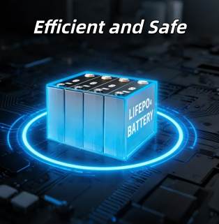 A technologically advanced concept image for a battery product. Above a dark, futuristic circuit board background, the words 'Efficient and Safe' are written in white italics. At the center of the image is a lithium-ion battery pack composed of four blue, square cells, with the words 'LiFePO₄ BATTERY' prominently printed in white on the side. The battery pack is surrounded by a bright blue holographic energy halo, highlighting its high efficiency and safety features.