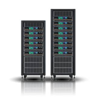 Two black industrial-grade DC modular power supply cabinets are displayed side-by-side against a pure white background. The cabinet on the left is shorter, with six modular power units, each equipped with a color LCD screen and a knob, stacked vertically inside. The cabinet on the right is taller, with eight identical power modules stacked inside, fully demonstrating the system's scalability. Both cabinets are equipped with casters and fixed feet at the bottom, casting clear reflections on the ground.