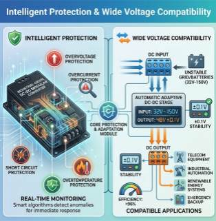 A nearly square, high-tech infographic with the white title 'Intelligent Protection & Wide Voltage Compatibility' at the top. The infographic is divided into two main sections: the left side, 'INTELLIGENT PROTECTION', showcases a black industrial-grade DC-DC modular converter with internal illuminated gold integrated circuits. Circular icons around the converter indicate overvoltage, overcurrent, short-circuit, and overtemperature protection, and a real-time monitoring description is provided at the bottom. The right side, 'WIDE VOLTAGE COMPATIBILITY', uses a flowchart to illustrate how an unstable grid or battery (32V-150V) input, through an automatic adaptive DC-DC stage, is ultimately converted into a highly stable 48V DC output with ±0.1V and greater than 96% efficiency, leading to four application icons in the lower right corner: communication equipment, industrial automation, renewable energy systems, and emergency backup power.