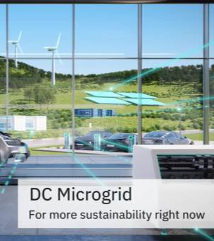 A conceptual diagram showcasing a DC microgrid solution. The image looks out through a massive glass wall, revealing lush green mountains and a blue sky. Several white wind turbines stand atop the mountains, while blue solar panels and white energy storage containers are neatly arranged on the slopes. Several electric vehicles are charging in the foreground. Translucent cyan beams of light, representing the flow of energy, trace across the glass. A white text box in the lower left corner reads ‘DC Microgrid’ with the subtitle ‘For more sustainability right now’.