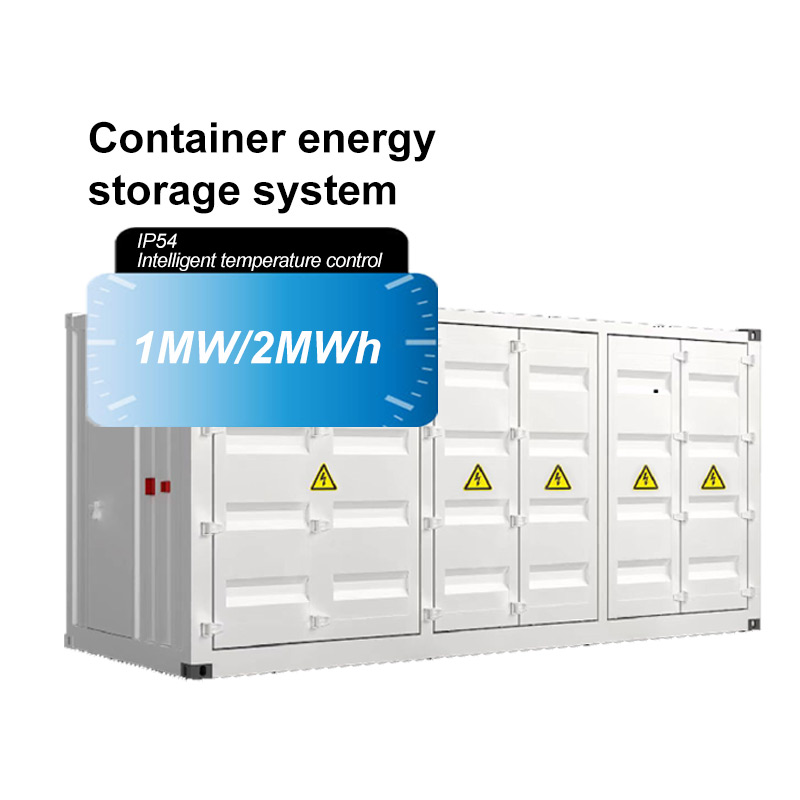 Against a pure white background, a large, standard white containerized energy storage system is displayed. The front of the container features several closed metal doors, neatly marked with yellow high-voltage danger triangles. The upper left corner of th