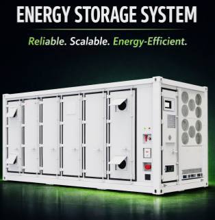 This is a main marketing image for an industrial energy storage system. At the top of the image are the bold white words 'ENERGY STORAGE SYSTEM,' followed by the core selling points in green italics: 'Reliable. Scalable. Energy-Efficient.' The image centers on a large white containerized energy storage unit placed on a green reflective surface, shown from a side perspective. The front of the container features six neatly arranged white protective doors with mechanical locking levers, and the end doors integrate localized ventilators with rain covers. The right side panel of the container highly integrates the system control area, including an embedded control box with a digital display, a red emergency stop button, various indicator light switches, and a vertically arranged row of six powerful circular cooling fan grilles on the far right. The overall image presents a highly sophisticated, explosion-proof, and reliable image of a modern, large-scale power equipment.