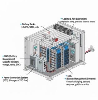 A diagram illustrating the internal structure of a containerized energy storage system is displayed against a clean, pure white background. At the center is a standard white container shown at an angle, its sides and top concealed to reveal a compact internal configuration of gray and blue hardware. Technical text labels with blue dots and arrows surround the image: the upper left arrow points to two rows of stacked dark blue and black lithium-ion battery structures, labeled &lsquo;Battery Racks: LiFePO4/NMC cells&rsquo;; the system with gray pipes and black equipment on top is labeled &lsquo;Cooling & Fire Supression: Maintains temp, prevents thermal events&rsquo;; two smaller gray cabinets on the left are labeled &lsquo;BMS (Battery Management System: Monitors voltage, temp, SOC)&rsquo; and &lsquo;Power Conversion System (PCS): Manages AC/DC flow&rsquo;; and a tall control cabinet with multiple indicator lights on the right is labeled &lsquo;EMS (Energy Management System): Controls charging, demand response, grid interaction&rsquo;. The cable in the lower right corner extends outside the box, clearly and scientifically showcasing the rich configuration of an industrial-grade large-scale energy storage system.