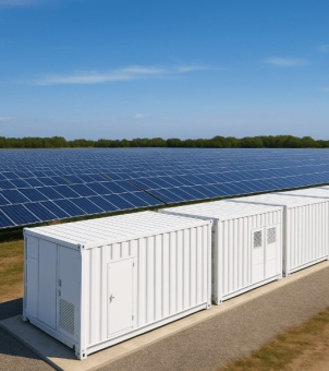 Under a clear, azure sky with light clouds, a spectacular panoramic view of a modern, large-scale photovoltaic-storage integrated power plant is displayed. In the foreground, a row of pristine, standard-sized containerized energy storage units is neatly arranged in a straight line along a gravel path. The units feature a fine, longitudinally corrugated structure, airtight access doors, and partial ventilation louvers. Adjacent to the array of energy storage containers, a vast, densely packed array of blue solar photovoltaic panels stretches towards the horizon. The panels shimmer with a blue luster in the sunlight, while a line of low-lying green trees marks the horizon. The entire scene presents a well-ordered industrial aesthetic and a grand green energy infrastructure landscape.