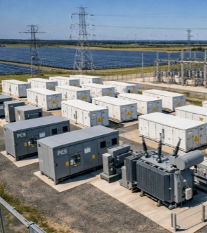 A panoramic aerial view of a large-scale grid-scale centralized energy storage power station. On a site composed of gray gravel and concrete foundations, rows of dozens of standard white energy storage battery containers stand, each with a maintenance door and a bright yellow high-voltage danger triangle warning sign on its side. In the foreground, several dark gray control cabinets with clearly visible white 'PCS' (Power Storage Converter) markings are arranged side-by-side, next to a large dark gray power transformer and related insulator bushings. In the distance behind the power station, two towering metal high-voltage transmission towers stand, behind which stretches an endless array of blue ground-mounted solar photovoltaic panels. Several wind turbines are faintly visible on the horizon. Overall, under a clear blue sky and white clouds, the scene presents a highly standardized and modern clean energy and smart grid infrastructure development.