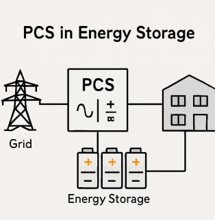 This image presents a vector topology diagram of an energy storage system converter (PCS) against a clean, off-white background. The title, 'PCS in Energy Storage,' is displayed in black text above the image. In the center is a large white square icon representing the PCS, containing the bold lettering 'PCS.' Below it are a wavy line symbol (~) representing alternating current and plus/minus symbols (+/-) representing direct current, separated by a vertical line. To the left of the PCS box is a black high-voltage transmission tower icon labeled 'Grid'; below are three gray battery icons labeled 'Energy Storage' with orange plus and black minus signs; and to the right is a light gray double-story house icon representing the user terminal with two windows. All components are interconnected by simple black lines, clearly illustrating the energy flow between the grid, converter, energy storage batteries, and the load house.