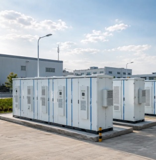 Against a backdrop of bright sunshine and a clear blue sky with light clouds, the image showcases a real-world scene of an outdoor commercial and industrial energy storage power station. In the foreground, two rows of tall, clean white rectangular energy storage converter cabinets (PCS) are securely mounted on thickened concrete bases. The cabinet surfaces are decorated with light blue vertical lines, and every two panels integrate access doors with embedded control panels and small control boxes. The panels also feature finely latticed louvers, and independent silver-gray air conditioning condensers are mounted on the sides of the cabinets. In the background behind the energy storage array, modern light gray factory buildings, a tall lamppost, and trees can be seen. The overall image is clean and professional, showcasing the efficient operation of green energy infrastructure in a modern industrial park.