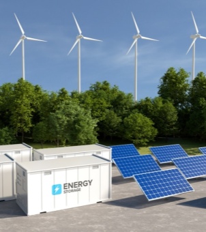 Against a clear, bright blue sky, a panoramic view of a green microgrid power station concept integrating wind, solar, and energy storage is displayed. In the foreground on the left, three neatly arranged white standard containerized energy storage cabinets are visible, with the frontmost cabinet displaying a black English word 'ENERGY STORAGE' with a blue lightning bolt icon on its side panel. To the right of the cabinets is a large array of dark blue solar photovoltaic panels, neatly arranged and facing upwards. Behind the photovoltaic and energy storage system is a lush, vibrant green forest. Beyond the forest, four tall, white, three-bladed wind turbines stand in a row along the horizon, their massive blades either stationary or rotating. The entire scene, through the integrated hardware of wind, solar, and energy storage, showcases a clean energy infrastructure scene that is both modern and environmentally friendly.