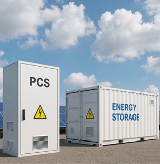 Against a clear blue sky dotted with large, fluffy white clouds, a real-life scene of commercial and industrial energy storage hardware installed on a paved outdoor surface is displayed. At the left front of the image stands a tall, white, rectangular electrical control cabinet, prominently displaying the words 'PCS' (Energy Storage Converter) in large black letters on its front. A bright yellow lightning bolt high-voltage danger triangle warning sign is affixed to the center. The bottom and left side of the cabinet feature striped louvered ventilation windows, and a long black handle adorns the left door seam. To the right rear of the control cabinet, a standard white energy storage battery container is placed diagonally. The container's double-leaf access doors also bear the same yellow high-voltage warning sign, and the side corrugated panels are printed with the striking blue words 'ENERGY STORAGE'. Behind both devices, rows of angled blue solar photovoltaic panels are faintly visible. The overall image presents a clean, professional, and modern industrial renewable energy infrastructure.