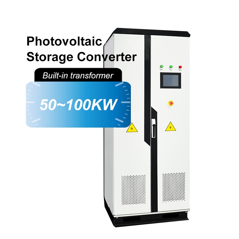 On a clean, pure white background, a product image and its key selling points are displayed alongside a composite image of a commercial and industrial photovoltaic storage converter. On the right side of the image is a vertical, rectangular energy storage
