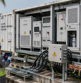 An outdoor photograph of an engineering project showcases a commercial and industrial lithium battery energy storage container system and a high-frequency inverter control cabinet. The main subject is the side of a white container, with the words 'LI-ION ENERGY STORAGE SYSTEM' printed in black on the left corrugated panel. The container's side door is fully open, revealing a row of compactly connected gray electrical control cabinets. These cabinets feature intelligent LCD monitoring panels, red and green indicator lights, large strip-patterned louvered ventilation holes, and warning signs with yellow lightning bolt symbols. Several thick black power cables extend from the bottom of the container, neatly connected to a separately installed gray outdoor distribution box via a sturdy steel support structure. The front of the distribution box also bears a bright yellow lightning bolt high-voltage warning triangle. In the lower left corner of the image, a professional maintenance worker wearing gray overalls, a white safety helmet, a fluorescent yellow safety vest, and white gloves is using a handheld infrared thermal imager to conduct temperature safety checks on the electrical connections of the power station equipment. The entire scene showcases the rigorous industrial operation and maintenance process of modern clean energy infrastructure.