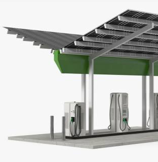 This is a 3D concept model of a modern solar EV charging station against a pure white background. The main subject is a modern steel-structured carport extending in both directions, with a slightly inverted A-shaped roof neatly covered with black and white photovoltaic solar panels. A row of bright green, long, enclosed electrical enclosures hangs beneath the longitudinal main beams of the carport. On a gray, hardened concrete platform below the carport, several charging bays are arranged side-by-side, among which three white, vertical DC charging piles are clearly visible: the first one on the left is shorter, with a long black cable and a green charging nozzle hanging from its front; two gray bollards also stand on the ground to the left. On the right, two taller, box-type charging piles are arranged in sequence, also with neatly arranged charging cables and green connectors. The entire model uses a right-side perspective, with a modern and technologically advanced design that intuitively presents the structural form of a new energy photovoltaic-energy storage-charging carport.