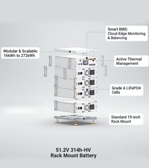 A 3D model image showcasing the explosive disassembly and technical analysis of a rack-mounted energy storage battery structure against a clean, light gray gradient background. The main subject is a white, vertically stretched and disassembled rack, broken down from top to bottom into multiple mechanical components: the top layer is a flat white chassis cover; following this are two layers of white cuboid main control and battery chassis modules with control panels and cooling fans; below that is an independent battery chassis module in a disassembled, suspended state; the base is a gray 'Standard 19-inch Rack Mount' with four orange adjustable horizontal feet. On both sides of the chassis module, four small gray metal lugs for securing and connecting side rails are also suspended in the air. The image is surrounded by five white boxed technical labels with leads: the upper left corner reads &lsquo;Modular & Scalable: 16kWh to 272kWh&rsquo;; the right side, from top to bottom, reads &lsquo;Smart BMS: Cloud-Edge Monitoring & Balancing&rsquo;, &lsquo;Active Thermal Management&rsquo;, &lsquo;Grade A LiFePO4 Cells&rsquo;, and at the bottom, &lsquo;Standard 19-inch Rack Mount&rsquo;. At the bottom center, the system's basic specifications are printed in bold: &lsquo;51.2V 314Ah-HV Rack Mount Battery&rsquo;. The entire image, presented in a meticulously disassembled engineering style, clearly showcases the battery system's internal construction and modular assembly process.