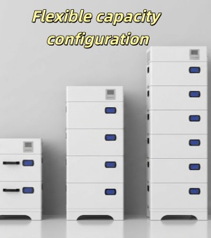 This image combines a physical product with text showcasing a residential energy storage system that supports flexible capacity configuration. At the top of the image are two prominent lines of yellow italicized English: &lsquo;Flexible capacity configuration&rsquo;. Against a clean, light gray wall background, three white, vertical, stacked energy storage units stand side-by-side, their height increasing from left to right in a stepped layout: the first unit on the left consists of a top main control module and two battery modules stacked together, each with a blue capsule-shaped grip and a black horizontal handle; the second unit in the middle is of medium height, consisting of the same top main control module (equipped with a micro LCD screen) and four battery modules stacked below; the third unit on the right is the tallest, consisting of a top main control module and six vertically stacked battery modules below. All three units have curved support legs and exquisite craftsmanship. The visual comparison of the stacked layers vividly demonstrates the modular and robust characteristics of this energy storage series, allowing for flexible capacity expansion.