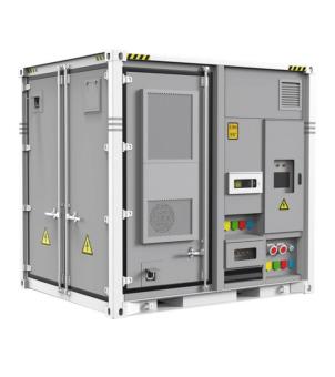 A modern industrial product visual image showcasing a 10-foot compact containerized integrated energy storage system (ESS) against a clean, pure white background and from a 3D perspective. The unit has an overall cube shape, with its outer shell composed of highly protective matte dark gray metal panels combined with pure white container corner posts and structural frames. The left side features a standard containerized double door with multiple vertical metal locking bars and fastener hinges; each door panel has a bright triangular yellow high-voltage hazard warning sign affixed to its lower half. On the upper right side of the front panel, a dark gray maintenance door with large ventilation louvers is installed side by side. A yellow label indicating the container's height ('2.59m 8'6 ) is affixed to the right panel. Multiple electrical control and digital monitoring panels are cleverly integrated to the right and below the maintenance door, including a white rectangular LCD data monitoring display, an embedded square black control window, and two neatly arranged matrix terminal blocks in the lower middle section—each with brightly colored waterproof and insulating protective covers in green, yellow, red, and blue. The right side of the terminal block also features a red circular industrial socket and an emergency stop control knob. Yellow high-voltage triangle symbols are printed in several places on the unit. The top edge of the container features a yellow and black reflective safety stripe, and the bottom is equipped with standard forklift slots and mounting holes. The entire unit is seamlessly integrated and structurally robust, perfectly showcasing the lean manufacturing process of a mobile integrated power grid-load-storage converter.