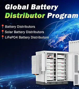 This is a digitally-driven marketing poster for new energy investment, promoting the Global Battery Distributor Program. The background is a deep, technological blue with horizontally flowing bright blue light bands and starlight accents. In the upper right corner, a blue globe model showing parts of North America and Asia is depicted, surrounded by interwoven, semi-transparent white lines of latitude and longitude representing digital network interconnection. In the upper left corner, prominent text reads: the first line is italicized white “Global Battery,” and the second line combines bright green “Distributor” with white “Program.” Below the text, three white project key points with red pin icons are arranged vertically: “Battery Distributors,” “Solar Battery Distributors,” and “LiFePO4 Battery Distributors.” In the lower right corner, a modern white commercial energy storage cabinet is shown from a 3D perspective angle. The cabinet's double doors are fully open, revealing two rows of vertically stacked, densely arranged gray modular battery packs. Each battery module has red and black electrical terminals and small indicator lights on its front. A pure white, compact inverter unit is mounted on the left side of the cabinet, with a green rectangular digital LCD control panel embedded in its center. The open right door features two sections of fine gray ventilation louvers. The entire setup is clearly defined, exuding a strong sense of modern industrial electrical technology and a global channel recruitment atmosphere.