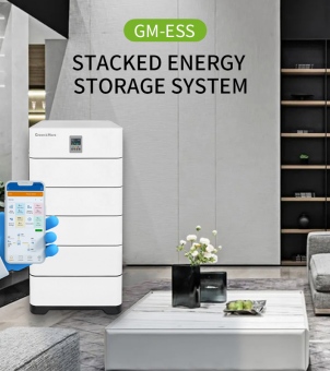 GreenMore High-Voltage Stacked Intelligent Home Energy Storage System (GM-ESS) Modular Residential Lithium Battery Power Management Solution Poster This digitally-driven promotional poster, designed for marketing new energy products, showcases GreenMore's GM-ESS Stacked Energy Storage System. The background is a modern living room with a sophisticated, understated luxury feel. On the right is a long, multi-tiered black display shelf, behind which is a light gray marble-textured art wall with vertical slits. Above this is a capsule-shaped logo in white lettering on a green background: 'GM-ESS', followed by two lines of bold black capital letters: 'STACKED ENERGY STORAGE SYSTEM'. In the mid-ground on the left, a pure white rectangular stacked energy storage battery cabinet, designed specifically for home use, stands. The upper left corner of the cabinet features a green 'GreenMore' brand logo, and the top layer houses a small digital LCD control panel and buttons. Below, multiple battery modules are vertically and tightly stacked on a black load-bearing base. In the foreground on the left side of the front of the server rack, a hand wearing a bright blue protective glove holds a white-rimmed smartphone. The screen displays a user interface for a green energy smart management app, featuring an orange top bar, multiple light-colored data monitoring dashboards (such as various electrical parameters and setting icons), and a dynamic topology diagram of power flow below. Extending from the bottom of the image is a rectangular marble coffee table with light gray natural textures. On the table sits a delicate black vase holding several small white flowers. Next to the vase is a gray plate containing a few green apples. The edge of a high-end gray fabric sofa is faintly visible on the right. The poster's layout is clear and well-organized, seamlessly integrating cutting-edge lithium battery energy storage technology into a warm and comfortable modern smart home setting.