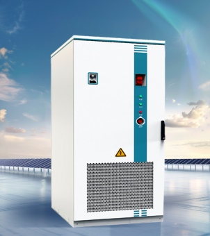Image of a high-protection intelligent converter battery replenishment system for distributed commercial and industrial energy storage cabinets (ESS Cabinet). This poster, combining 3D product rendering with a new energy power station background, aims to showcase the appearance of a commercial and industrial energy storage (ESS) cabinet. At the center of the image stands a tall, pure white cuboid commercial and industrial energy storage cabinet from a 3D perspective angle. The right side of the cabinet's front door panel features a long, black, rectangular handle, decorated with a vertical blue-green (technological cyan) strip extending from the top to the ventilation grille. Along this strip, multiple electrical control components are arranged vertically from top to bottom: at the top is an embedded red plastic-cased air circuit breaker switch; below are two circular green operating indicator lights, one red indicator light, and a large-diameter red circular emergency stop control knob with a black base; the top and bottom ends of the strip each have three short horizontal decorative strips. A small silver metal lock or maintenance window is embedded in the upper left of the cabinet's front panel, and a prominent yellow triangular high-voltage lightning warning label is affixed to the right side of the center. The lower half of the cabinet's front door occupies approximately one-third of the area and features dense gray mesh-like metal ventilation vents. Below the server racks lies a modern power plant site with a slightly bluish hue and a mirror-like sheen. In the mid-ground, a row of deep blue distributed solar photovoltaic panels stretches horizontally in neat rows. The background is a vast expanse of azure sky, with pale golden sunset clouds and wispy white clouds near the horizon. The overall image is clean and clear, exuding a sophisticated and rigorous feel reminiscent of modern industrial new energy technology.
