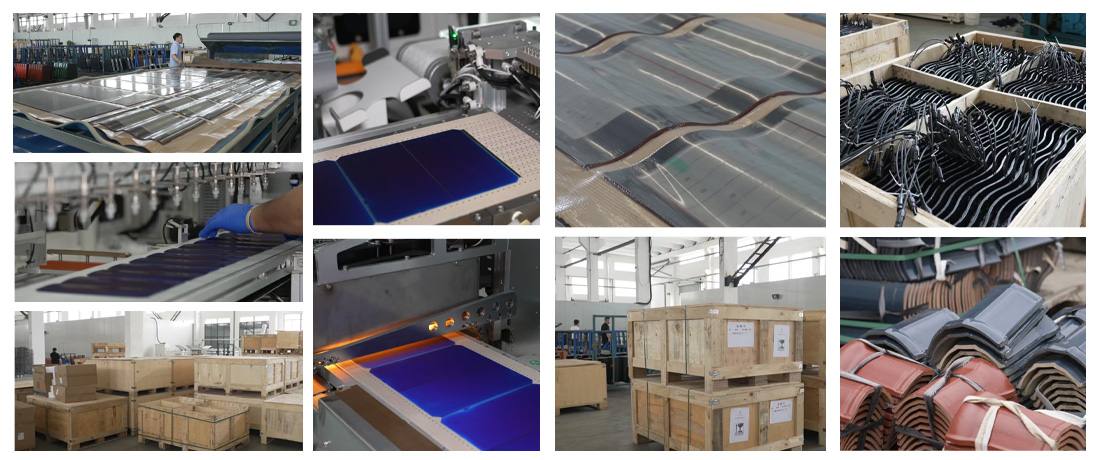 This poster, used by a B2B foreign trade company specializing in new energy building materials, employs an ultra-wide format and a nine-grid multi-image design to showcase the intelligent manufacturing and mass production of next-generation roof solar tile solutions. The poster comprises nine closely arranged factory snapshots of varying sizes: multiple close-ups on the left and center depict a clean and bright modern dust-free workshop, where deep blue, high-efficiency monocrystalline silicon solar cells are precisely processed on a perforated metal conveyor belt, passing through automated units equipped with bright orange high-temperature hot-melt or infrared welding; a quality control worker, wearing bright blue anti-static gloves, performs precise component alignment and parameter fine-tuning beside an automated track; and a close-up at the top clearly shows the smooth, mirror-like reflective texture of three-curved solar photovoltaic tiles with a wavy, streamlined shape after glass lamination on the production line. The right and lower sections feature multiple shots focusing on the robust supply chain warehousing and large-scale logistics preparation: several shots showcase a spacious factory shipping hall, where dozens of giant heavy-duty shipping crates, constructed with solid wood frames and bearing white square export labels, are neatly stacked high on the floor; inside the open crates, hundreds upon hundreds of solar photovoltaic output cables with black waterproof connectors are meticulously and densely bundled. The final shot in the lower right corner shows a large quantity of finished, dark gray antique-style corrugated roofing tiles with an elegant microcrystalline sheen, as well as traditional brick-red photovoltaic roofing tiles, neatly and tightly bundled together with white packing straps in an outdoor yard. The entire poster is well-composed, with extremely robust industrial details, comprehensively showcasing the high-standard manufacturing processes and large-scale delivery capabilities of next-generation BIPV photovoltaic building materials.