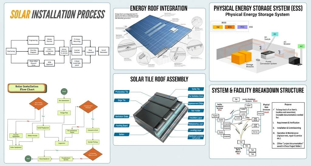 This is a comprehensive infographic measuring 1200x650 pixels. The left side shows the solar installation process and detailed installation steps; the middle shows the structural design of the Energy Roof and the hierarchical cross-section of the Solar Tile Roof Assembly, including details such as waterproofing and insulation layers; the right side shows the indoor layout of the Physical Energy Storage System (BESS/ESS), the DC/AC conversion path, and the hierarchical relationship between the system and facilities. The entire infographic is presented in a symmetrical, scientific booklet layout with clear blue, green, and orange module divisions.
