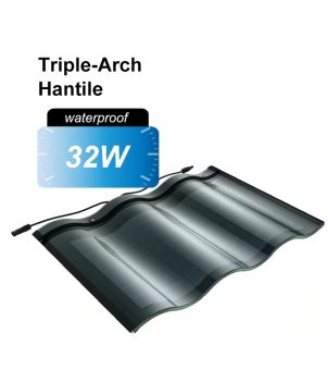 A rendering of Hantile solar roof tiles against a white background. The image centers on a dark gray solar roof tile with three consecutive wavy arches (Triple-Arch) on its surface, connected by a black waterproof cable. Above the tile, on the left, is the text 