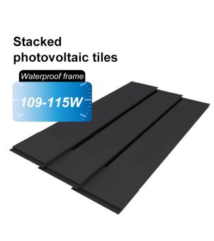 A rendering of a stacked solar photovoltaic tile product against a white background. The image shows three flat, dark black photovoltaic tiles stacked in a staggered, stepped arrangement in the center. Above the tile image in the upper left corner are two lines of black text: 