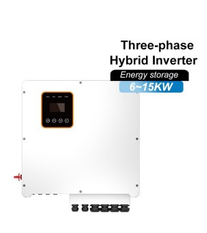 A rendering of a three-phase hybrid inverter against a pure white background. On the left is a flat, square white inverter chassis. A control panel with a black background and yellow border, featuring a digital display and four physical buttons, is embedded in the upper left corner. Several black, sealed wiring connectors are neatly arranged at the bottom of the chassis. The upper right corner of the chassis displays the text 