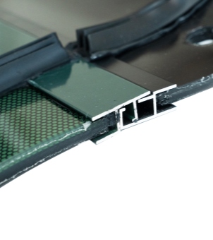Close-up of the cross-section of the aluminum alloy frame and rubber sealing strip of GreenMore solar tiles.