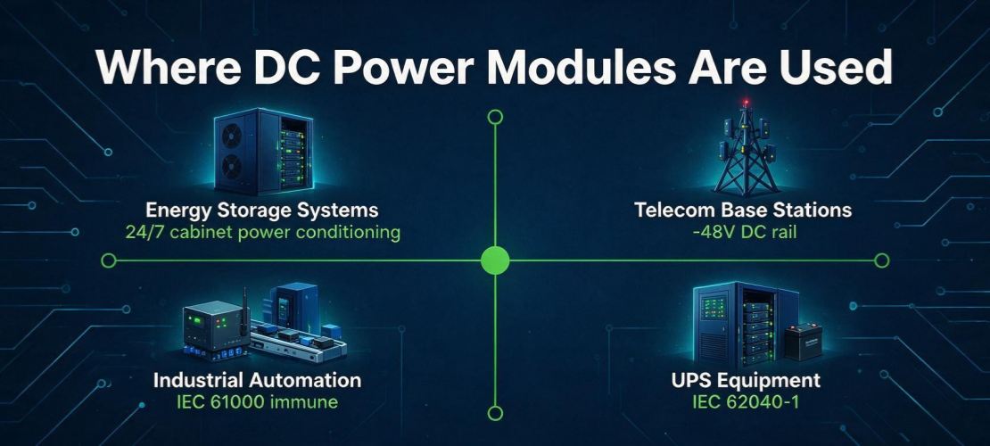 GreenMore DC power module application scenarios diagram, covering energy storage cabinets, communication base stations, industrial automation and UPS equipment.