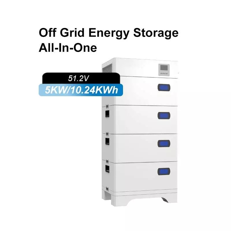 51.2V 5KW/10.24KWh Stacked Off-Grid Solar Energy Storage Unit (white background image), including LCD display and module lock.