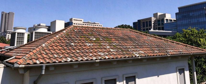 The Netanya residential roof before BIPV renewal, showing faded and broken traditional clay tiles on a four-aspect roof with visible wear and weathering damage