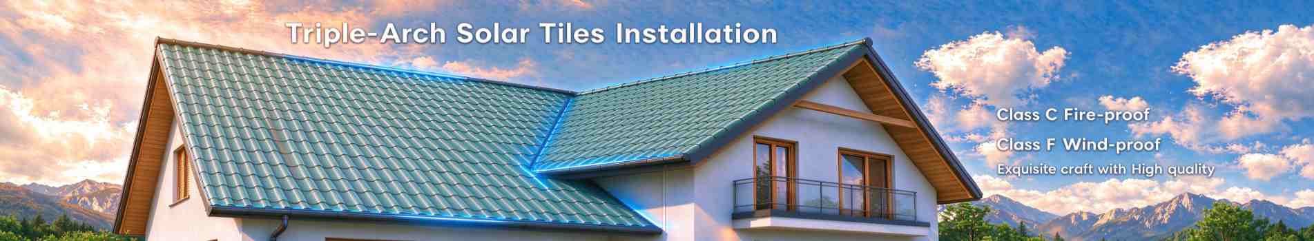 GreenMore Triple-Arch curved BIPV solar roof tiles installed across the roof of a two-storey house.